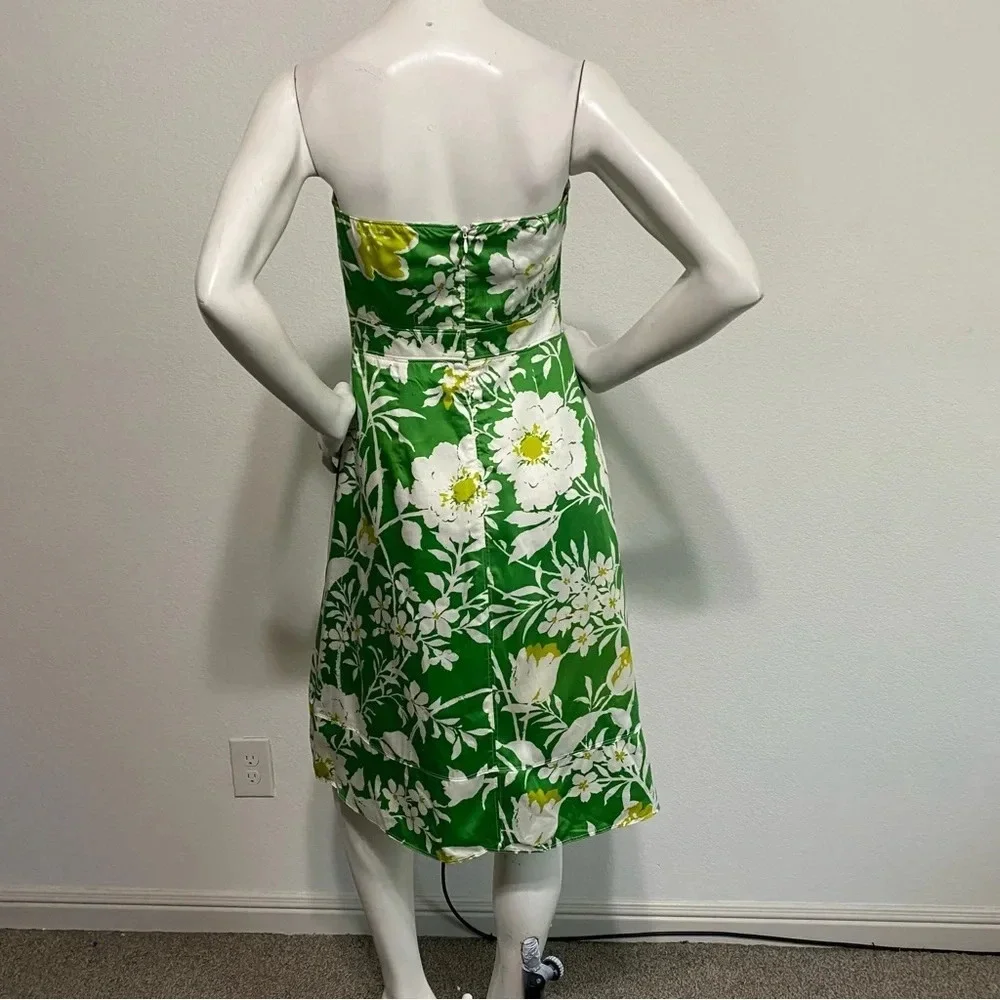 J. Crew Green White Floral Tropical Ruffle Hem Strapless Midi Dress Size 4